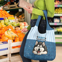 Husky Hair Is My Glitter Grocery Bag Funny Dog Quote Paw Print Pattern