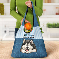 Husky Hair Is My Glitter Grocery Bag Funny Dog Quote Paw Print Pattern