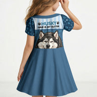 Husky Hair Is My Glitter Kid Short Sleeve Dress Funny Dog Quote Paw Print Pattern