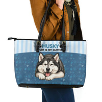 Husky Hair Is My Glitter Leather Tote Bag Funny Dog Quote Paw Print Pattern