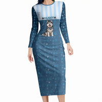 Husky Hair Is My Glitter Long Sleeve Bodycon Dress Funny Dog Quote Paw Print Pattern
