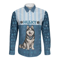 Husky Hair Is My Glitter Long Sleeve Button Shirt Funny Dog Quote Paw Print Pattern