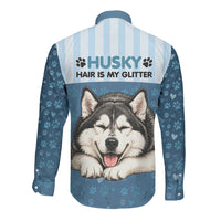 Husky Hair Is My Glitter Long Sleeve Button Shirt Funny Dog Quote Paw Print Pattern