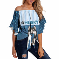 Husky Hair Is My Glitter Off Shoulder Wrap Waist Top Funny Dog Quote Paw Print Pattern