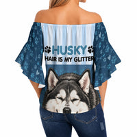Husky Hair Is My Glitter Off Shoulder Wrap Waist Top Funny Dog Quote Paw Print Pattern