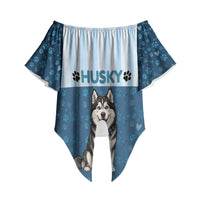 Husky Hair Is My Glitter Off Shoulder Wrap Waist Top Funny Dog Quote Paw Print Pattern