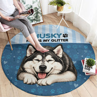 Husky Hair Is My Glitter Round Carpet Funny Dog Quote Paw Print Pattern