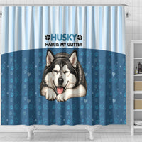 Husky Hair Is My Glitter Shower Curtain Funny Dog Quote Paw Print Pattern