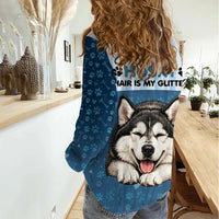 Husky Hair Is My Glitter Women Casual Shirt Funny Dog Quote Paw Print Pattern