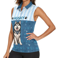 Husky Hair Is My Glitter Women Sleeveless Polo Shirt Funny Dog Quote Paw Print Pattern