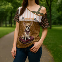 Chihuahua Five Pounds Of Strong Opinions Cross Shoulder Shirt Funny Dog Quote Paw Print Pattern