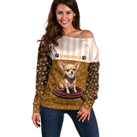 Chihuahua Five Pounds Of Strong Opinions Off Shoulder Sweater Funny Dog Quote Paw Print Pattern
