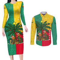 Benin Christmas Couples Matching Long Sleeve Bodycon Dress and Long Sleeve Button Shirt with Palm Tree Dolls and Red Yellow Green Festive - Wonder Print Shop
