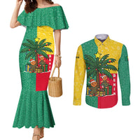 Benin Christmas Couples Matching Mermaid Dress and Long Sleeve Button Shirt with Palm Tree Dolls and Red Yellow Green Festive - Wonder Print Shop