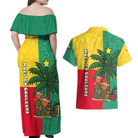 Benin Christmas Couples Matching Off Shoulder Maxi Dress and Hawaiian Shirt with Palm Tree Dolls and Red Yellow Green Festive - Wonder Print Shop