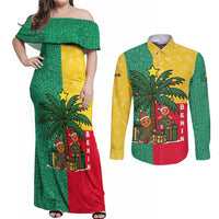 Benin Christmas Couples Matching Off Shoulder Maxi Dress and Long Sleeve Button Shirt with Palm Tree Dolls and Red Yellow Green Festive - Wonder Print Shop
