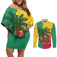 Benin Christmas Couples Matching Off Shoulder Short Dress and Long Sleeve Button Shirt with Palm Tree Dolls and Red Yellow Green Festive - Wonder Print Shop