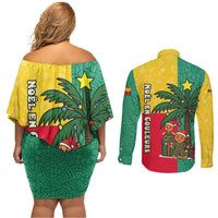 Benin Christmas Couples Matching Off Shoulder Short Dress and Long Sleeve Button Shirt with Palm Tree Dolls and Red Yellow Green Festive - Wonder Print Shop