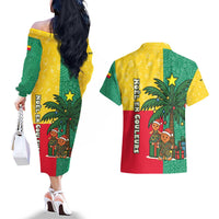 Benin Christmas Couples Matching Off The Shoulder Long Sleeve Dress and Hawaiian Shirt with Palm Tree Dolls and Red Yellow Green Festive - Wonder Print Shop