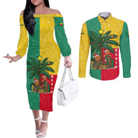 Benin Christmas Couples Matching Off The Shoulder Long Sleeve Dress and Long Sleeve Button Shirt with Palm Tree Dolls and Red Yellow Green Festive - Wonder Print Shop
