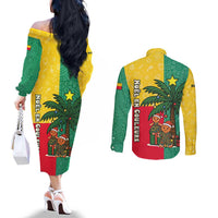 Benin Christmas Couples Matching Off The Shoulder Long Sleeve Dress and Long Sleeve Button Shirt with Palm Tree Dolls and Red Yellow Green Festive - Wonder Print Shop