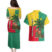 Benin Christmas Couples Matching Puletasi and Hawaiian Shirt with Palm Tree Dolls and Red Yellow Green Festive - Wonder Print Shop