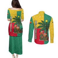 Benin Christmas Couples Matching Puletasi and Long Sleeve Button Shirt with Palm Tree Dolls and Red Yellow Green Festive - Wonder Print Shop