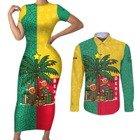 Benin Christmas Couples Matching Short Sleeve Bodycon Dress and Long Sleeve Button Shirt with Palm Tree Dolls and Red Yellow Green Festive - Wonder Print Shop