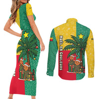 Benin Christmas Couples Matching Short Sleeve Bodycon Dress and Long Sleeve Button Shirt with Palm Tree Dolls and Red Yellow Green Festive - Wonder Print Shop