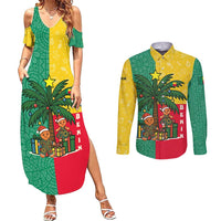 Benin Christmas Couples Matching Summer Maxi Dress and Long Sleeve Button Shirt with Palm Tree Dolls and Red Yellow Green Festive - Wonder Print Shop