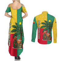 Benin Christmas Couples Matching Summer Maxi Dress and Long Sleeve Button Shirt with Palm Tree Dolls and Red Yellow Green Festive - Wonder Print Shop