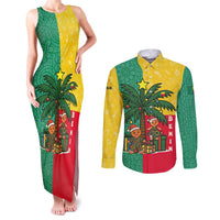 Benin Christmas Couples Matching Tank Maxi Dress and Long Sleeve Button Shirt with Palm Tree Dolls and Red Yellow Green Festive - Wonder Print Shop