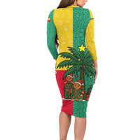 Benin Christmas Family Matching Long Sleeve Bodycon Dress and Hawaiian Shirt with Palm Tree Dolls and Red Yellow Green Festive - Wonder Print Shop