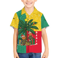 Benin Christmas Family Matching Long Sleeve Bodycon Dress and Hawaiian Shirt with Palm Tree Dolls and Red Yellow Green Festive - Wonder Print Shop
