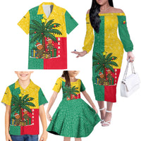 Benin Christmas Family Matching Off The Shoulder Long Sleeve Dress and Hawaiian Shirt with Palm Tree Dolls and Red Yellow Green Festive - Wonder Print Shop