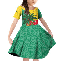 Benin Christmas Family Matching Off Shoulder Short Dress and Hawaiian Shirt with Palm Tree Dolls and Red Yellow Green Festive - Wonder Print Shop