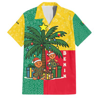 Benin Christmas Family Matching Off Shoulder Short Dress and Hawaiian Shirt with Palm Tree Dolls and Red Yellow Green Festive - Wonder Print Shop