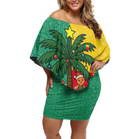 Benin Christmas Family Matching Off Shoulder Short Dress and Hawaiian Shirt with Palm Tree Dolls and Red Yellow Green Festive - Wonder Print Shop