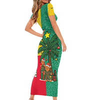 Benin Christmas Family Matching Short Sleeve Bodycon Dress and Hawaiian Shirt with Palm Tree Dolls and Red Yellow Green Festive - Wonder Print Shop