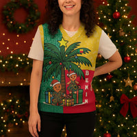 Benin Christmas Knitted V-Neck Vest with Palm Tree Dolls and Red Yellow Green Festive - Wonder Print Shop