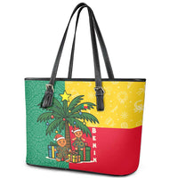 Benin Christmas Leather Tote Bag with Palm Tree Dolls and Red Yellow Green Festive - Wonder Print Shop