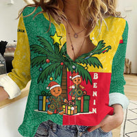 Benin Christmas Women Casual Shirt with Palm Tree Dolls and Red Yellow Green Festive - Wonder Print Shop