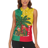 Benin Christmas Women Sleeveless Polo Shirt with Palm Tree Dolls and Red Yellow Green Festive - Wonder Print Shop