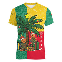 Benin Christmas Women V-Neck T-Shirt with Palm Tree Dolls and Red Yellow Green Festive - Wonder Print Shop