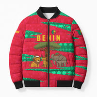 Benin Christmas Bomber Puffer Jacket with Safari Animals Baobab Tree and National Coat of Arms Design - Wonder Print Shop