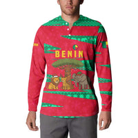 Benin Christmas Button Sweatshirt with Safari Animals Baobab Tree and National Coat of Arms Design - Wonder Print Shop