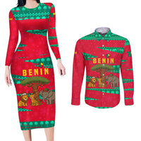 Benin Christmas Couples Matching Long Sleeve Bodycon Dress and Long Sleeve Button Shirt with Safari Animals Baobab Tree and National Coat of Arms Design - Wonder Print Shop