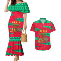 Benin Christmas Couples Matching Mermaid Dress and Hawaiian Shirt with Safari Animals Baobab Tree and National Coat of Arms Design - Wonder Print Shop