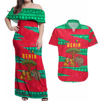 Benin Christmas Couples Matching Off Shoulder Maxi Dress and Hawaiian Shirt with Safari Animals Baobab Tree and National Coat of Arms Design - Wonder Print Shop