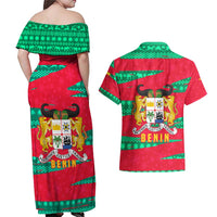 Benin Christmas Couples Matching Off Shoulder Maxi Dress and Hawaiian Shirt with Safari Animals Baobab Tree and National Coat of Arms Design - Wonder Print Shop